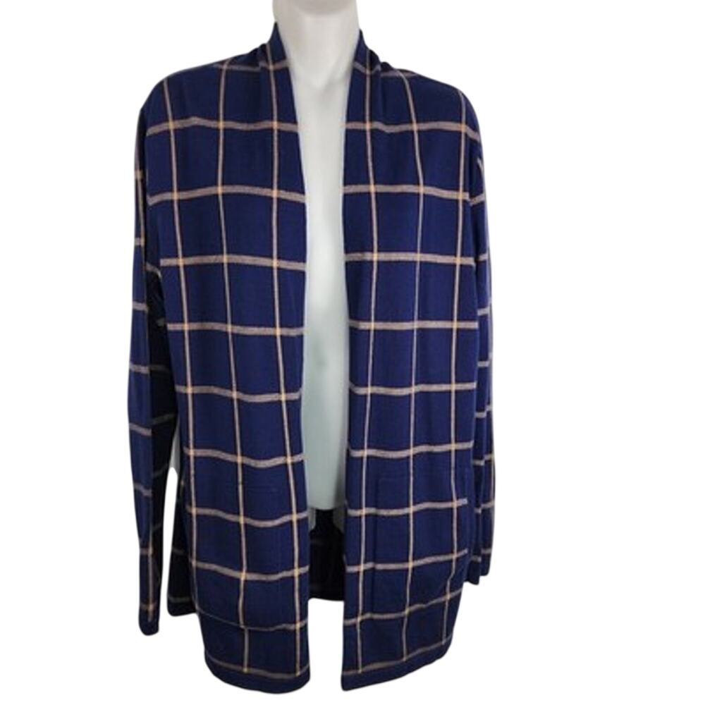 Lands End Womens Open Front Long Cardigan Sweater Windowpane Grid Blue Tan XS